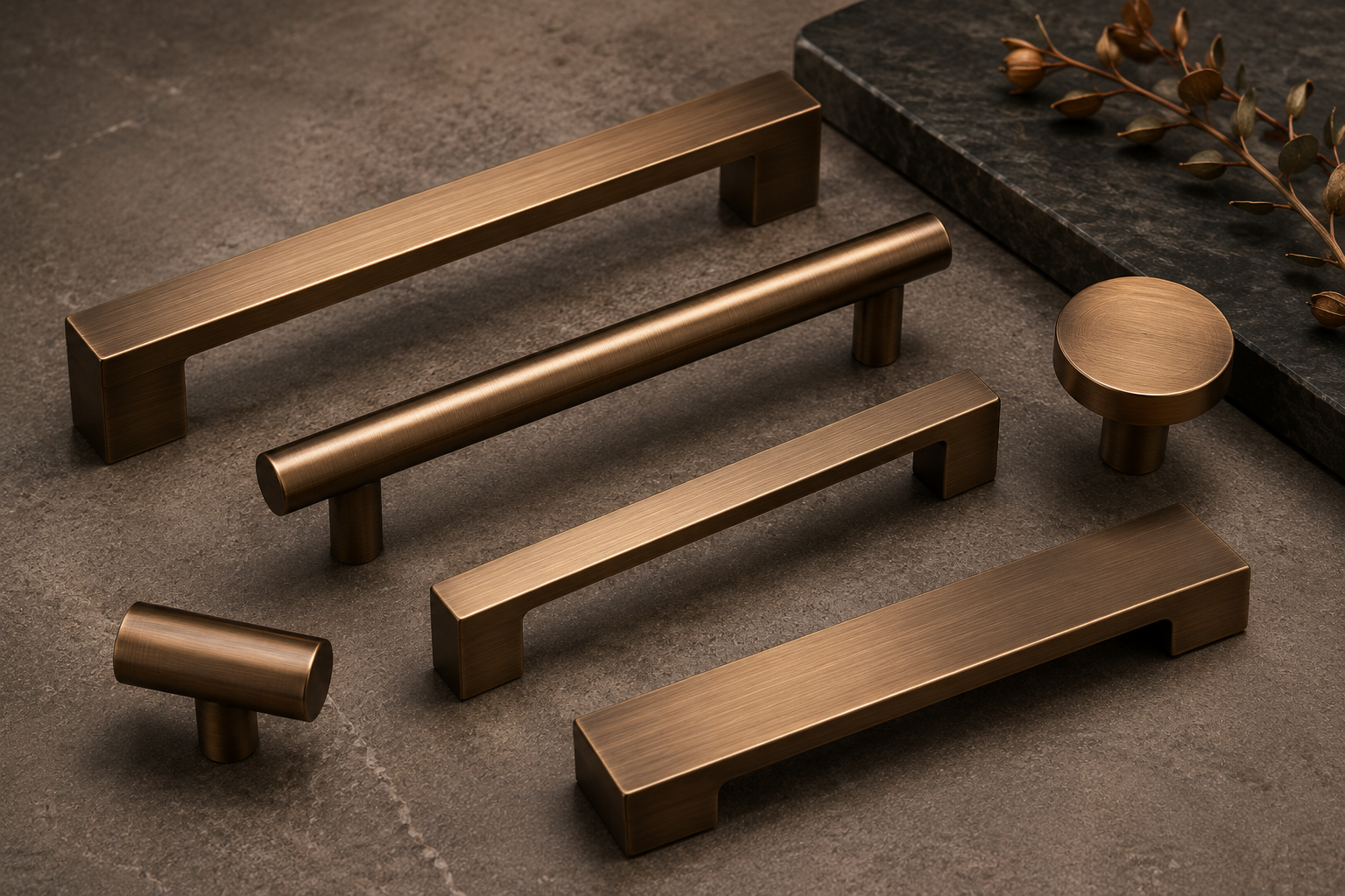 Brushed bronze cabinet handles and fittings